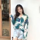 V-neck Print Long-sleeve Blouse