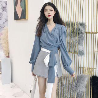 V-neck Tie Waist Blouse / High Waist Skort