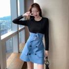 Plain Long-sleeve T-shirt / Buttoned A-line Skirt
