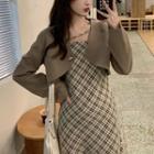 Spaghetti Strap Plaid Midi A-line Dress / Cropped Blazer