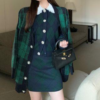 Argyle Button-up Knit Top / Mini Pencil Skirt / Cardigan