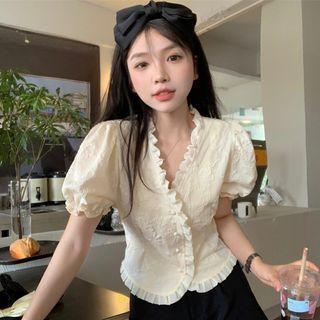 Puff-sleeve V-neck Ruffled Blouse Almond - One Size