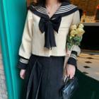 Midi Pleated Skirt / Sailor Collar Bow Accent Crop Knit Jacket