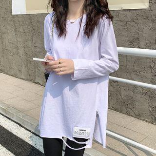 Long-sleeve Applique Distressed T-shirt