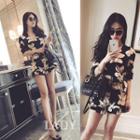 Elbow-sleeve V-neck Floral Print Playsuit