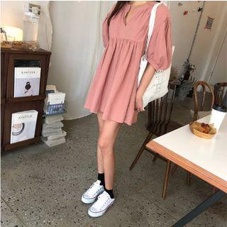 Open-placket Puff-sleeve Minidress