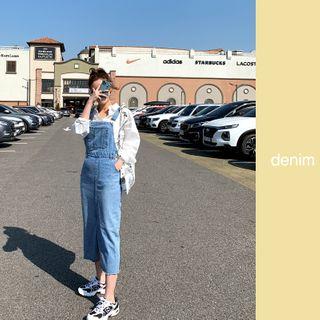 H-line Long Denim Overall Dress Light Blue - One Size