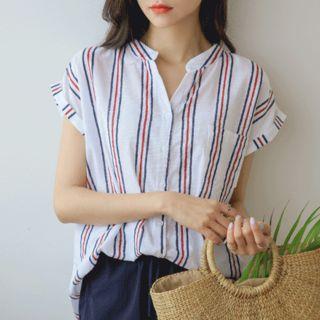 Open-placket Cap-sleeve Striped Shirt Light Blue - One Size