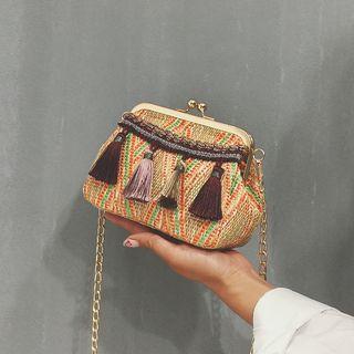 Kiss Lock Tassel Straw Crossbody Bag