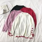 Color-block Lace-up Crewneck Long-sleeve Sweater