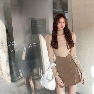 Sheer Turtleneck Mesh Knit Top / High-waist Slit Mini Skirt