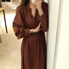 Long-sleeve Sashed Maxi Shirt Dress