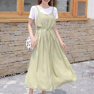 Short-sleeve T-shirt / Midi A-line Overall Dress / Set