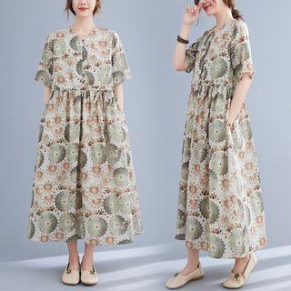 Elbow-sleeve Print Linen Maxi A-line Dress