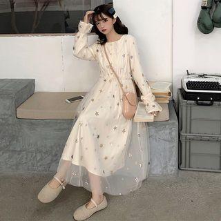 Meshed Flared-sleeved Dress Almond - One Size