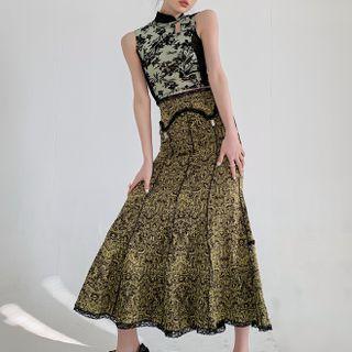 Atterned Lace Trim Midi A-line Skirt