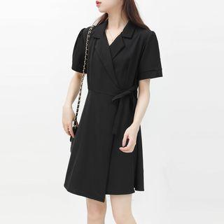 Elbow-sleeve Notch Lapel A-line Dress Black - One Size