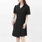Elbow-sleeve Notch Lapel A-line Dress Black - One Size