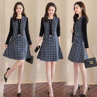 Set: Mock Two-piece A-line Dress + Plaid Vest