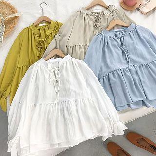 Lace-up Ruffled-trim Flare-sleeve Top