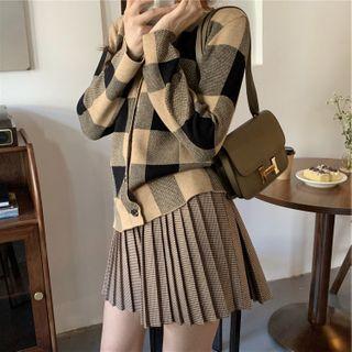 Set: Check Knit Cardigan + Pleated Mini A-line Skirt Cardigan + Skirt - One Size