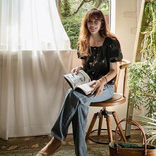 Square-neck Embroidered Blouse Black - One Size