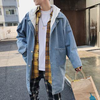 Color Panel Hooded Long Denim Jacket