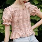 Square Collar Ruched Plaid Cropped Top Orange Pink - One Size