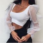 Mesh Puff-sleeve Panel Cropped Top