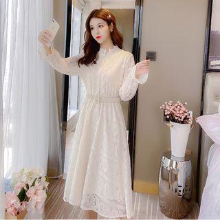 Long-sleeve Lace Ruffled Buckled Dress