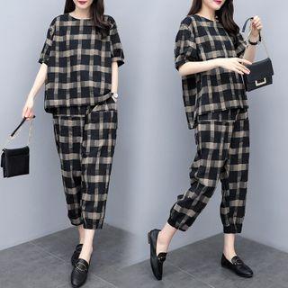 Set: Elbow-sleeve Plaid T-shirt + Harem Pants