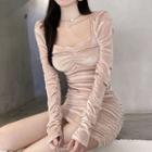 Long-sleeve Ruched Satin Mini Sheath Dress