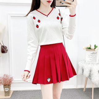 Set: Strawberry Embroidered Knit Top + Mini Pleated Skirt