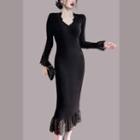 Long-sleeve Lace Trim Knit Midi Sheath Dress Black - One Size