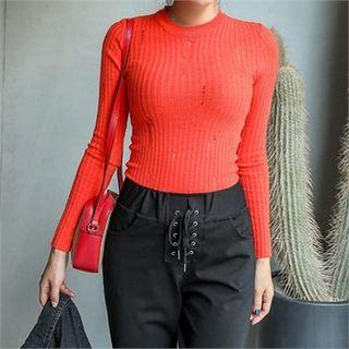 Crew-neck Long-sleeve Distressed Rib-knit Top