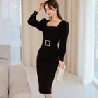 Square-neck Belted Balloon-sleeve Sheath Dress