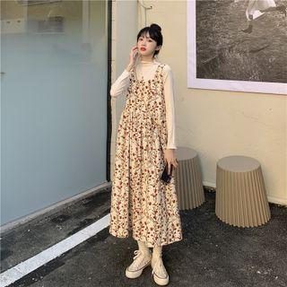Set: Long-sleeve T-shirt + Floral Midi A-line Overall Dress