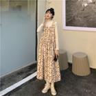 Set: Long-sleeve T-shirt + Floral Midi A-line Overall Dress