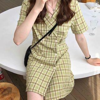 Elbow-sleeve Plaid Double-breasted Mini Blazer Dress