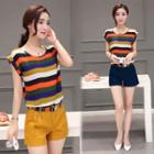 Set: Cap-sleeve Striped Top + Shorts With Belt