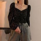 Long-sleeve Square-neck Floral Chiffon Top Black - One Size