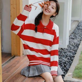 Long-sleeve Striped Knit Polo Shirt