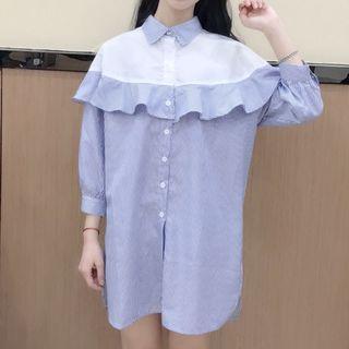 Contrast Panel Striped 3/4-sleeve Long Shirt