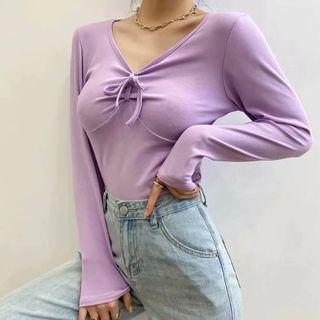 Front Tie Ribbon Long Sleeve T-shirt