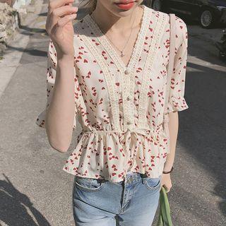 Elbow-sleeve Lace-panel Chiffon Top