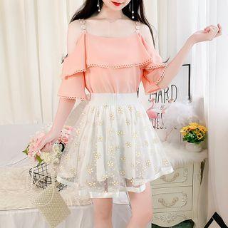 Set: Off-shoulder Ruffled Top + Floral Mesh Skirt