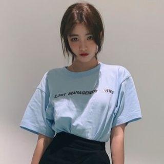 Short-sleeve Lettering T-shirt Light Blue - One Size