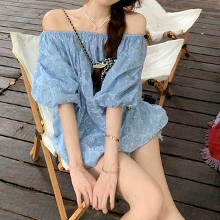 Elbow-sleeve Off Shoulder Blouse Gray Flower - Blue - One Size