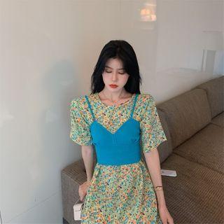 Spaghetti Strap Knit Top / Short-sleeve Floral Print Mini Dress