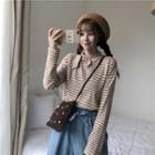 Long-sleeve Knotted Mock Neck Striped T-shirt